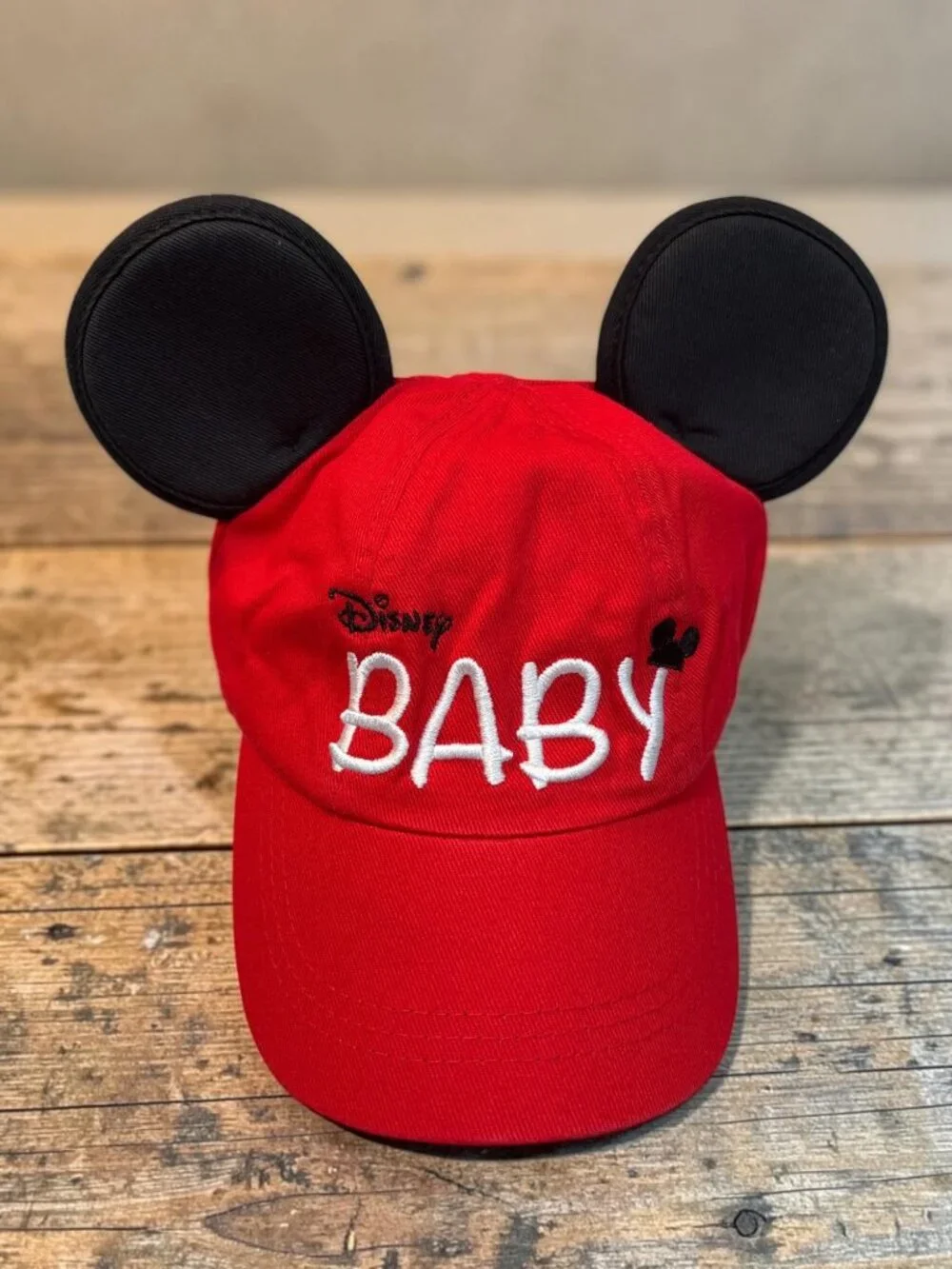 Disney Parks Infant Baby Hat With Mickey Mouse Ears Red Adjustable Snapback 49cm